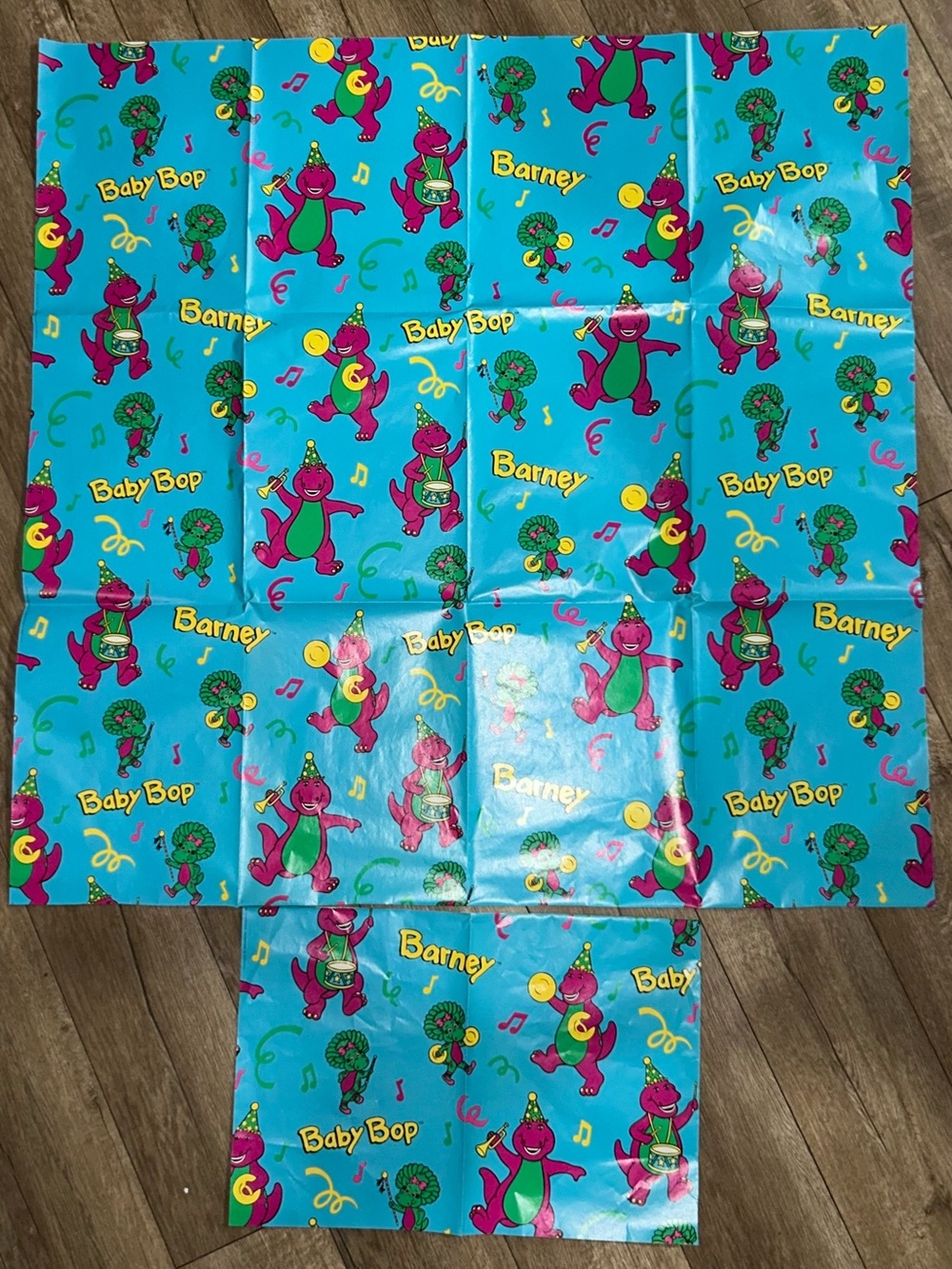 Barney & Baby Bop Birthday Wrapping Paper Sheet 30x30” Blue Character Print